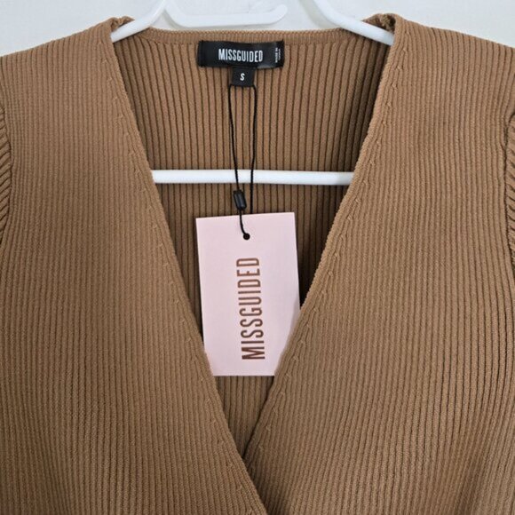 Missguided Brown Ribbed Wrap V neck Top Long Sleeve Size Small b26e - Picture 5 of 6